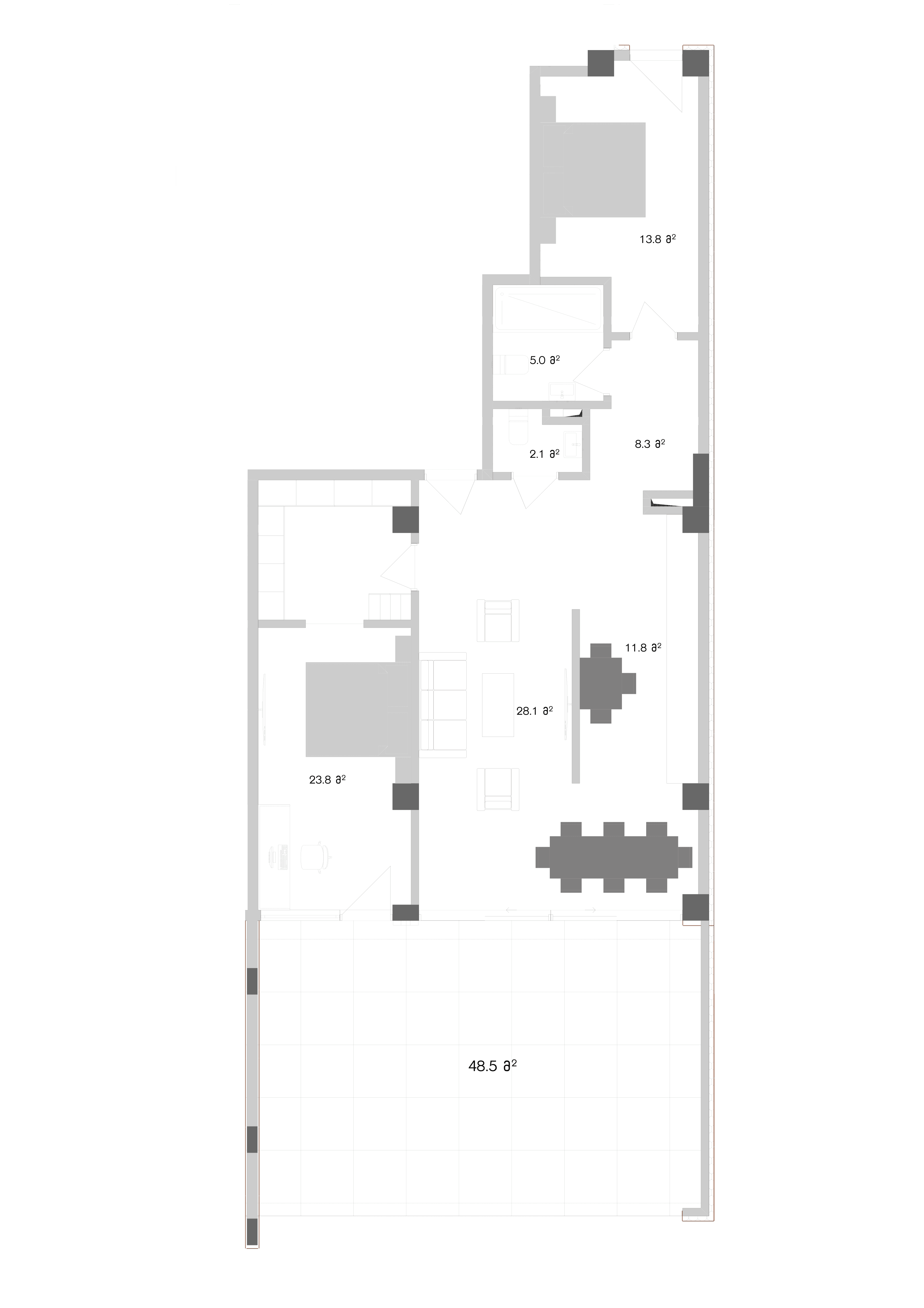 2 საძინებლით + ეზო floor plan
