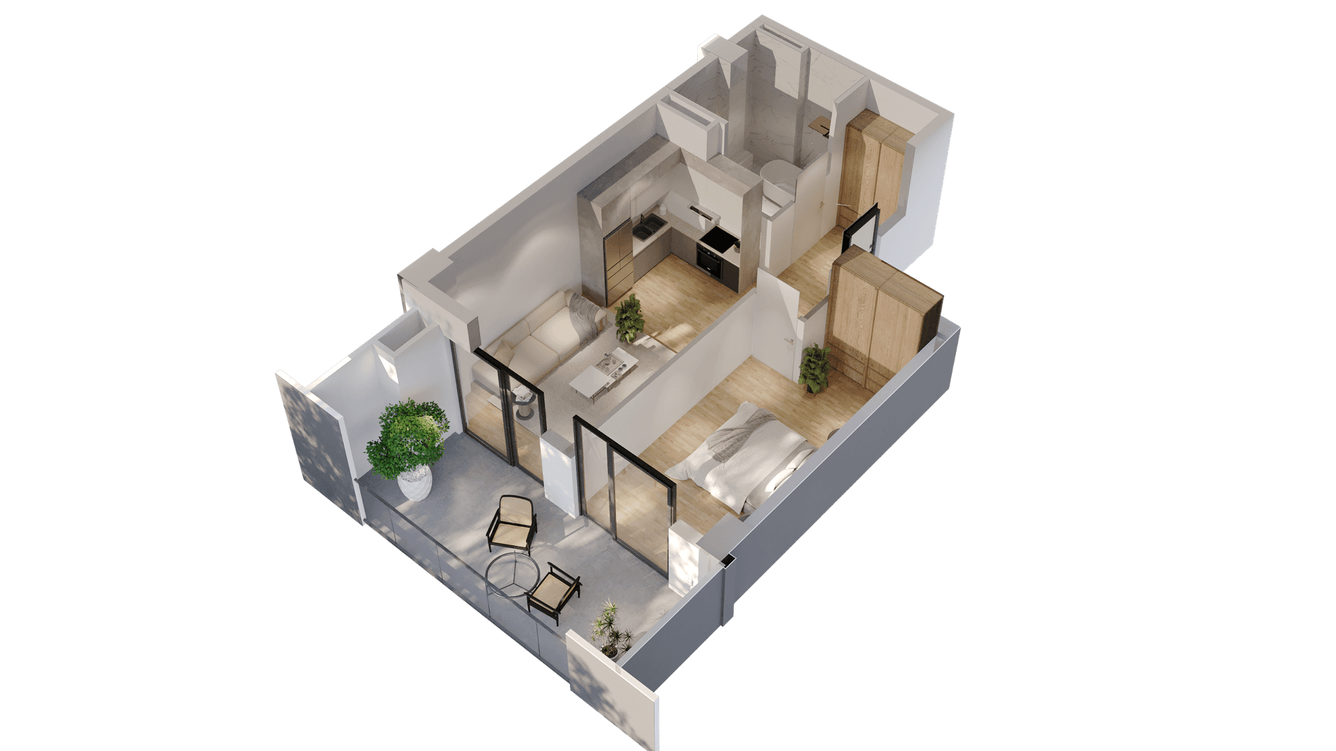 1 საძინებლით apartment 1002 — 3D render