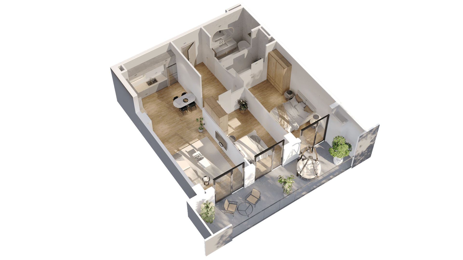 2 საძინებლით დიდი apartment 1111 — 3D render